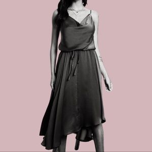 Black satin cowl neck drawstring asymmetrical waist dress